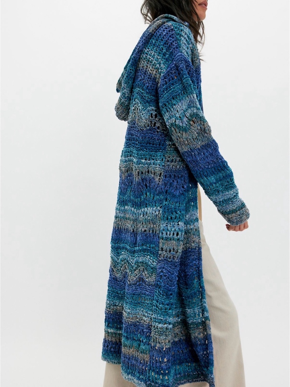 Free People Kelp Knit Maxi Cardigan Small Blue Hooded Crochet Duster